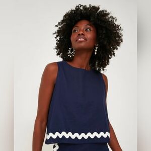 Sail To Sable Navy Blue Linen Sleeveless Zip Back Cropped Hem Top Womens XL NWT